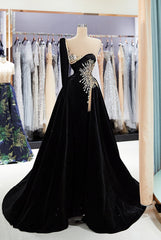 Long Sleeves Mermaid Velvet One Shoulder Formal Dress with Split Front