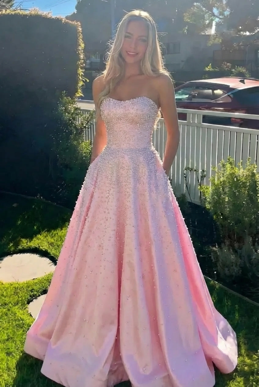 Long Strapless Sleeveless A-line Pearled Pink Prom Dress