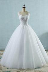 Long Sweetheart Appliques Lace-up Tulle Ball Gown Wedding Dresses