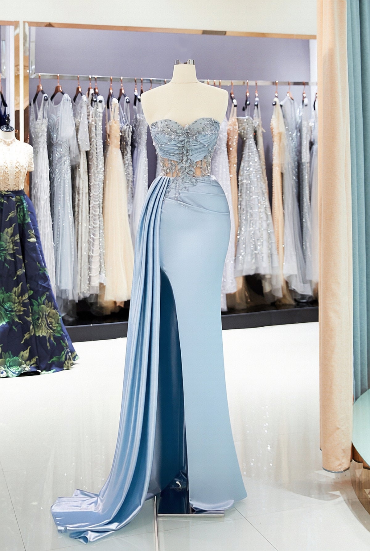 Long Sweetheart Satin Mermaid Prom Dress with Split Side