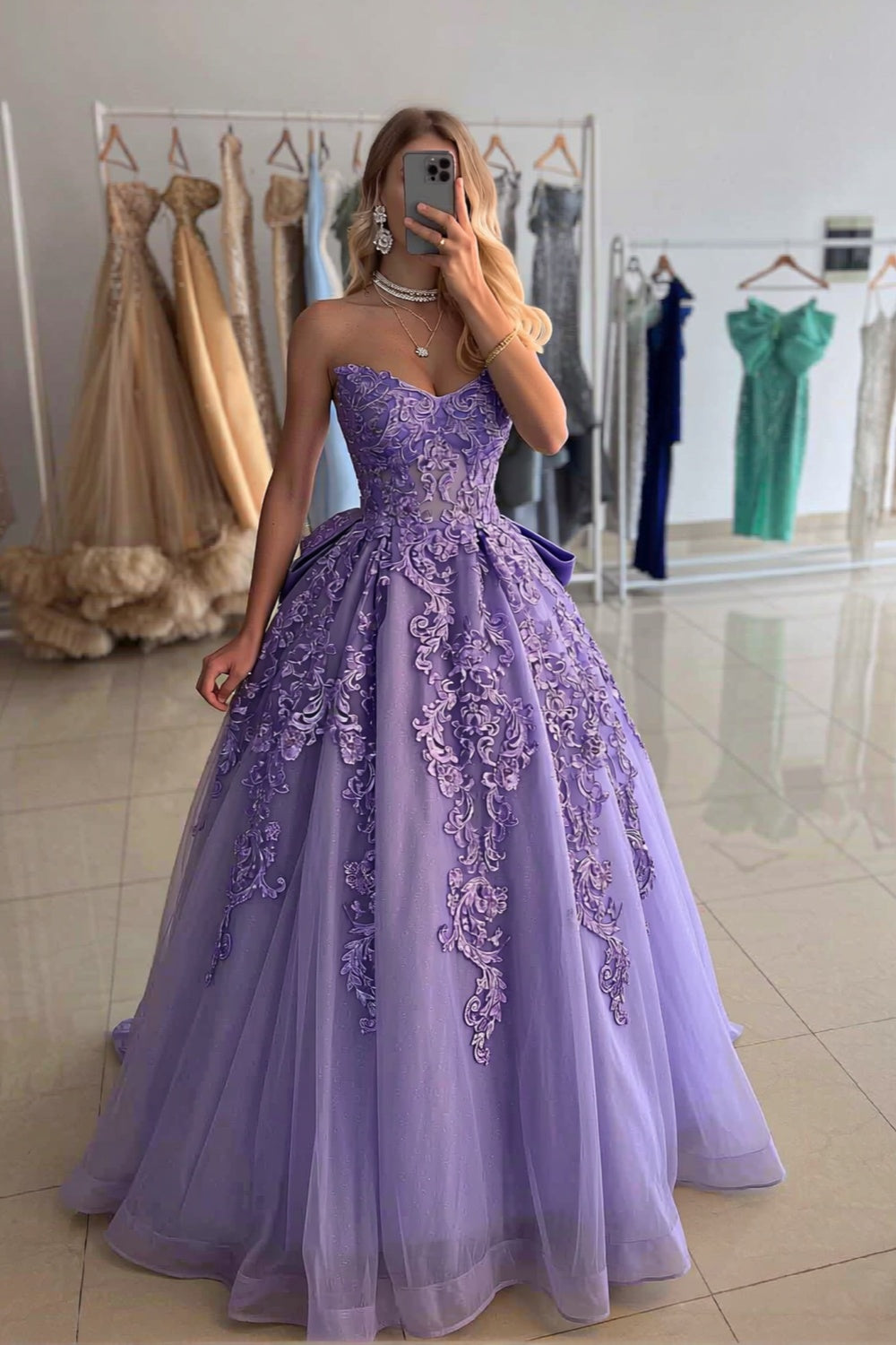 Long Sweetheart Tulle Lace Ball Gown Prom Dresses with Bow