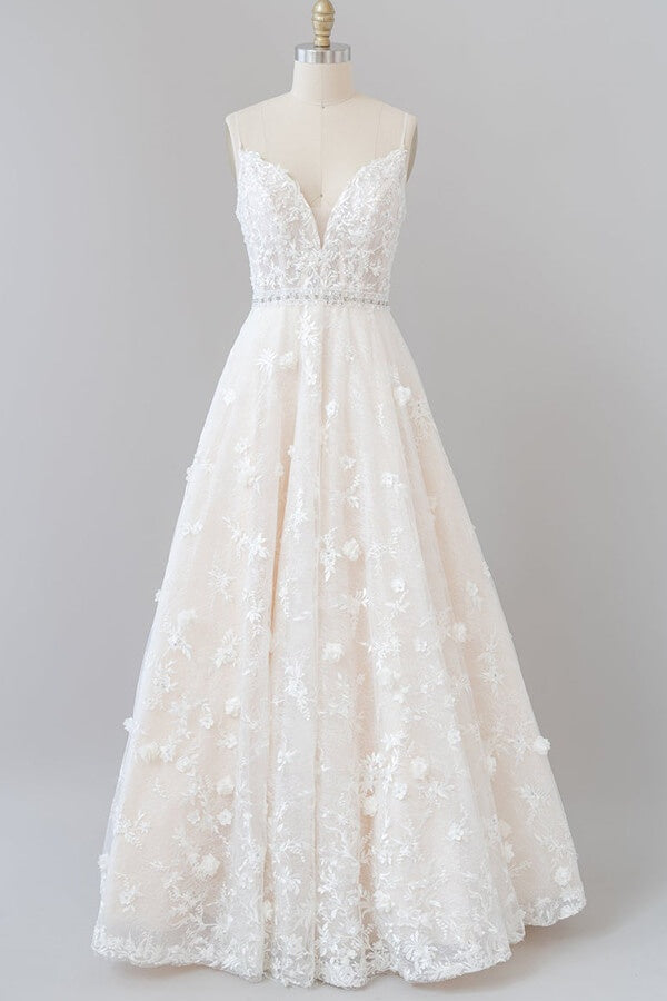 Long V-neck Appliques Lace A-line Tulle Open Back Wedding Dress