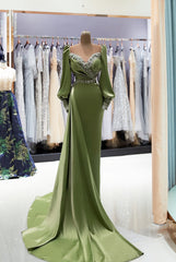 Long sleeves Mermaid Satin Evening Formal Dress with Bubble sleeves