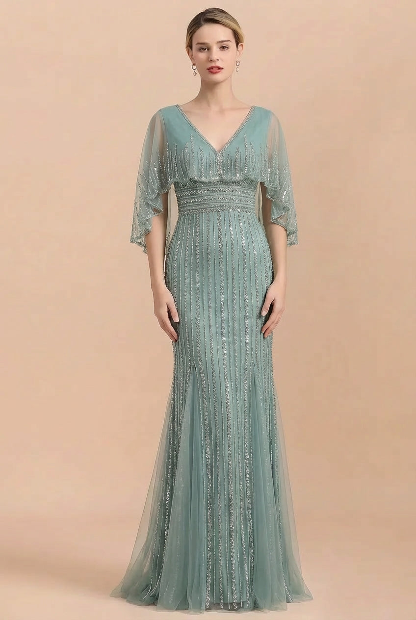 Luxury Glitter Long Mermaid Formal Evening Dresses with Detachable Shawl