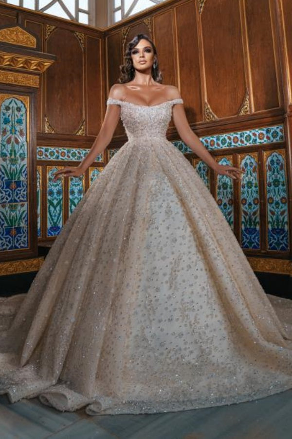 Luxury Long Ball Gown Off the Shoulder Sequined Wedding Dresses