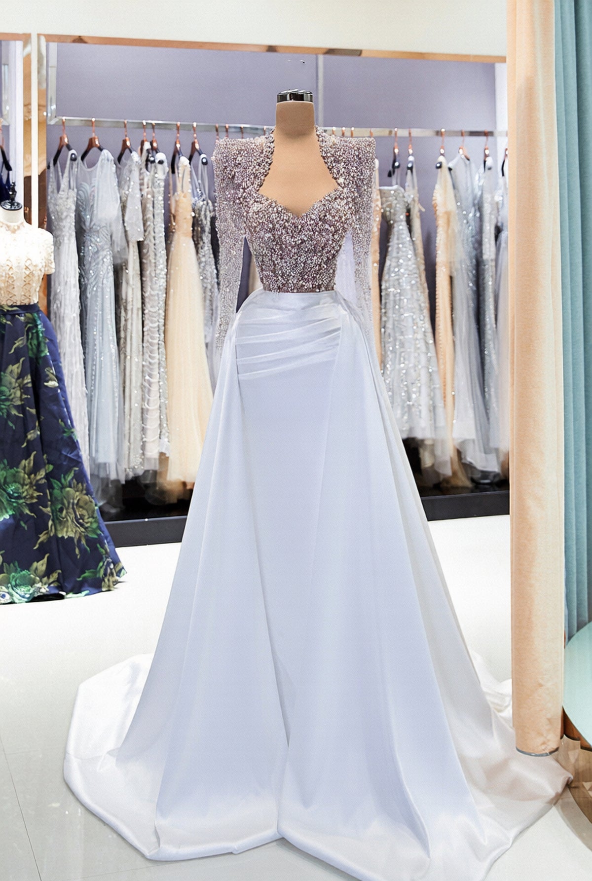 Mermaid Long Satin Sweetheart Satin Beaded Prom Dress with Sleeves