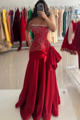 Red Strapless Beading A-line Satin Prom Dress with Bow