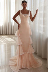 Square Neck Ruffled Long Mermaid Evening Dress with Rhinestones