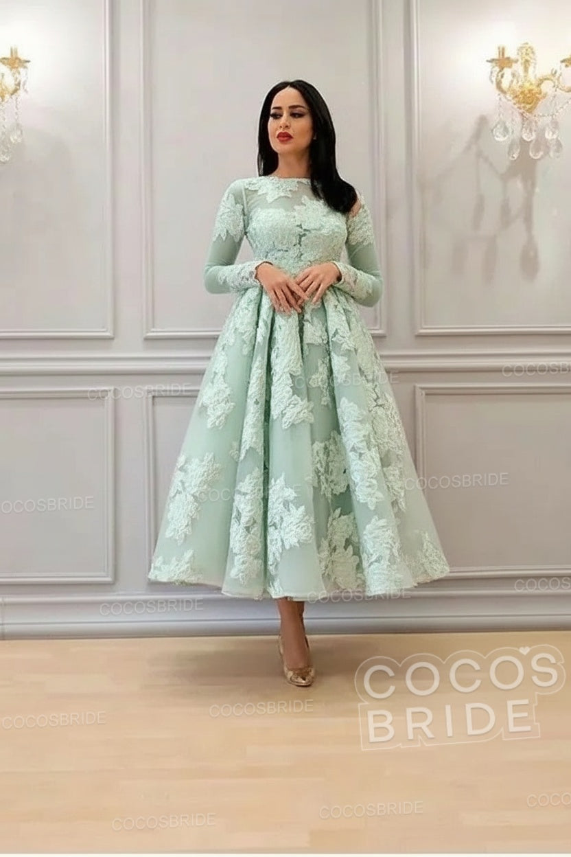 Elegant A-line High Neck Lace Formal Evening Dress with Sleeves