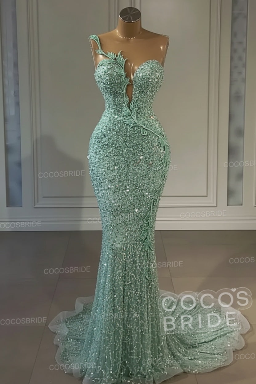 Long Mermaid Sweetheart Tulle Sequin Formal Prom Dress