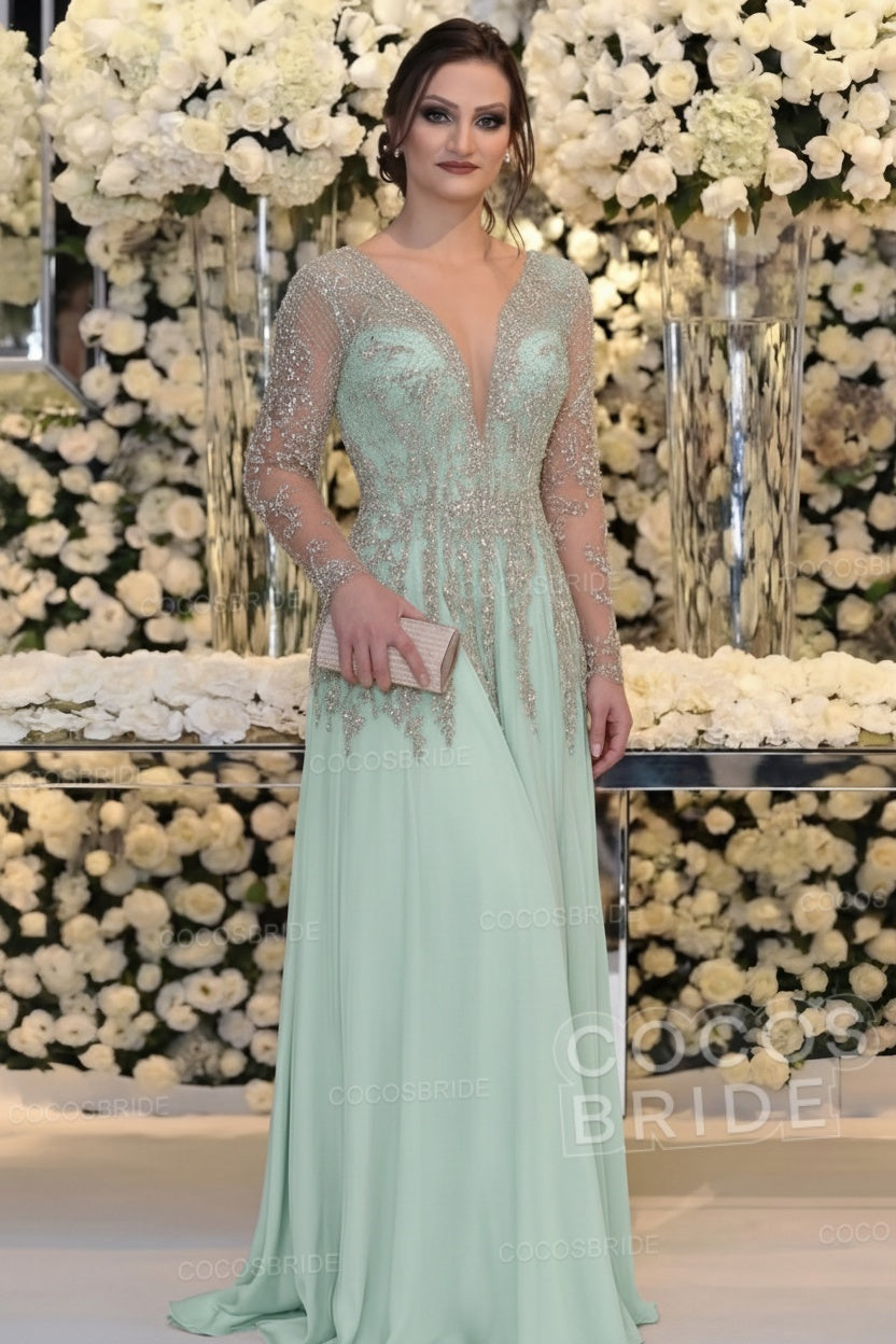 Long Sleeve Floor Length A-line Mother Of Bride Dress With Beading