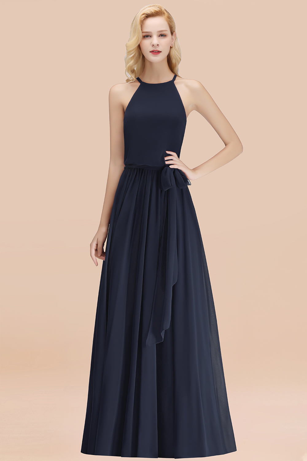 Modest Long A-line Halter Chiffon Bow Navy Blue Bridesmaid Dresses