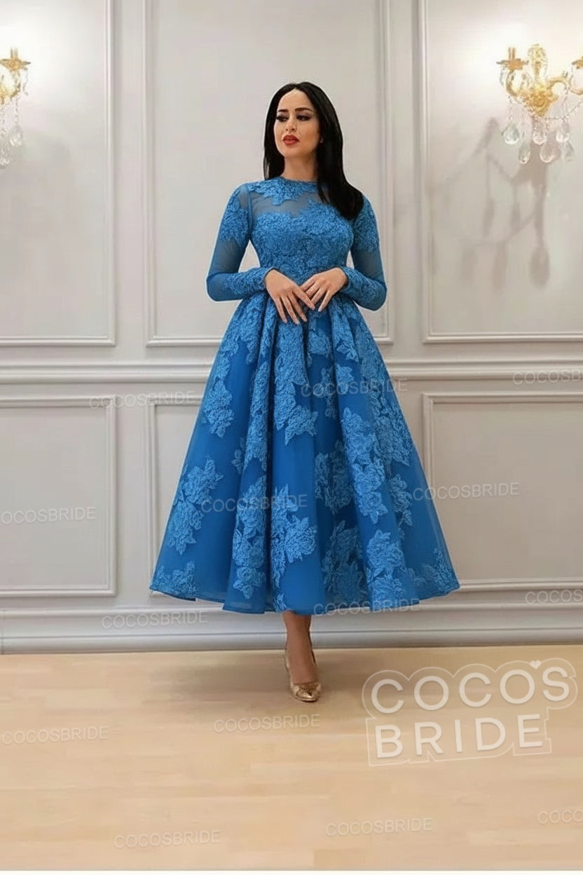 Elegant A-line High Neck Lace Formal Evening Dress with Sleeves