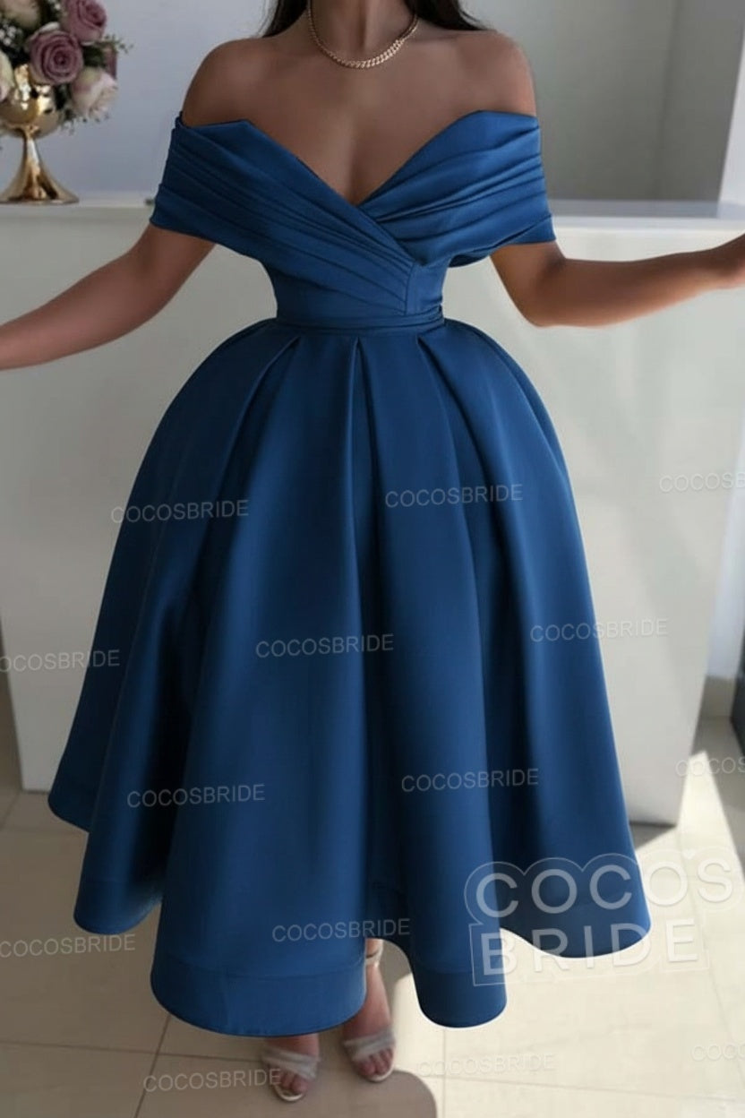 Off the Shoulder A-Line Satin Prom Dress with Pleated