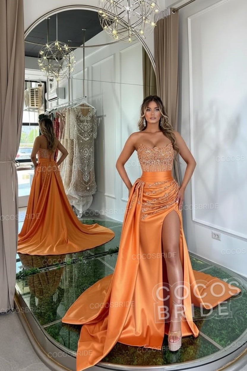 Luxury Mermaid Sweetheart Satin Long Beading Prom Dress with Split