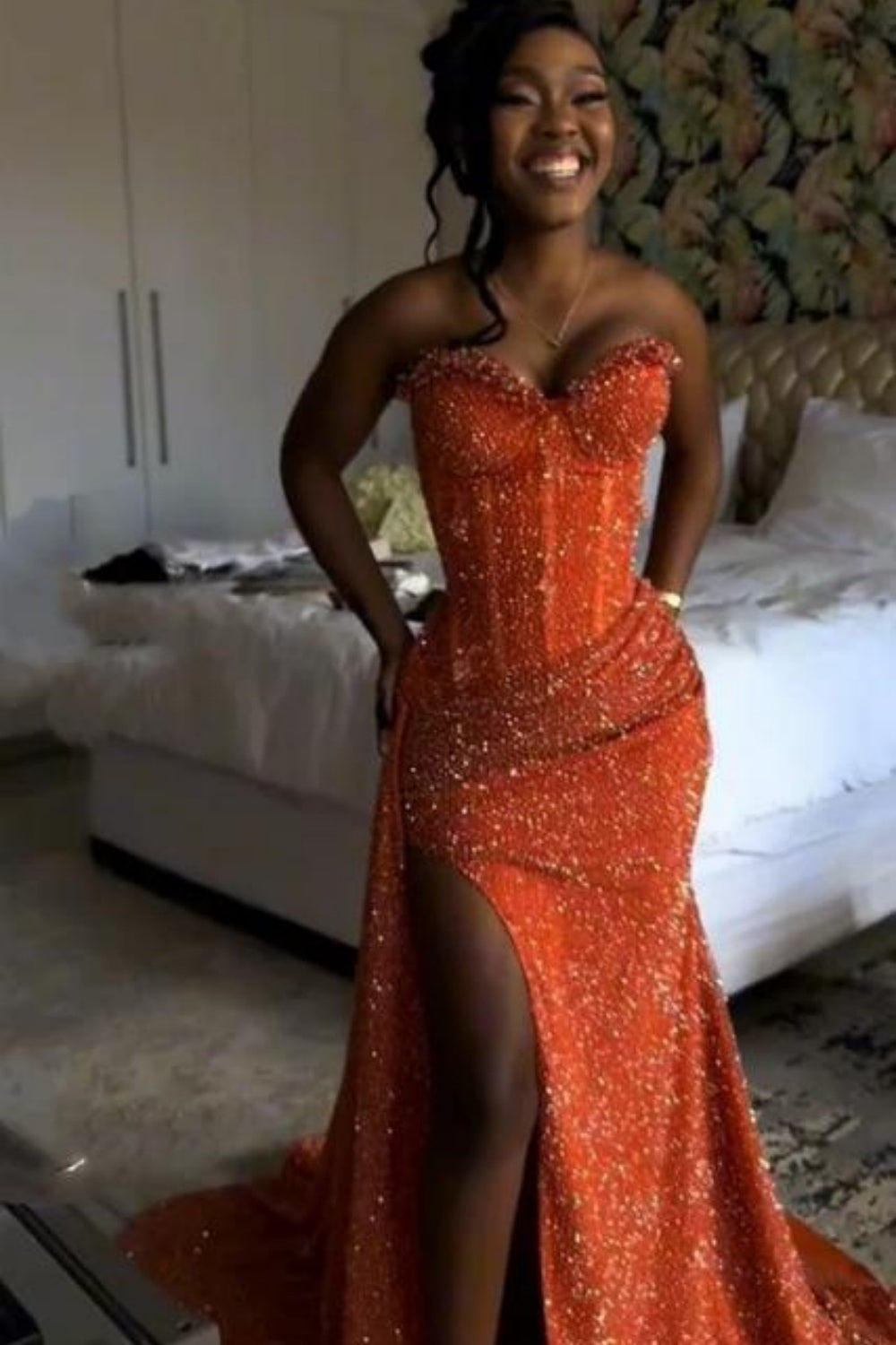 Orange Sweetheart Long Mermaid Prom Dress with High Slit