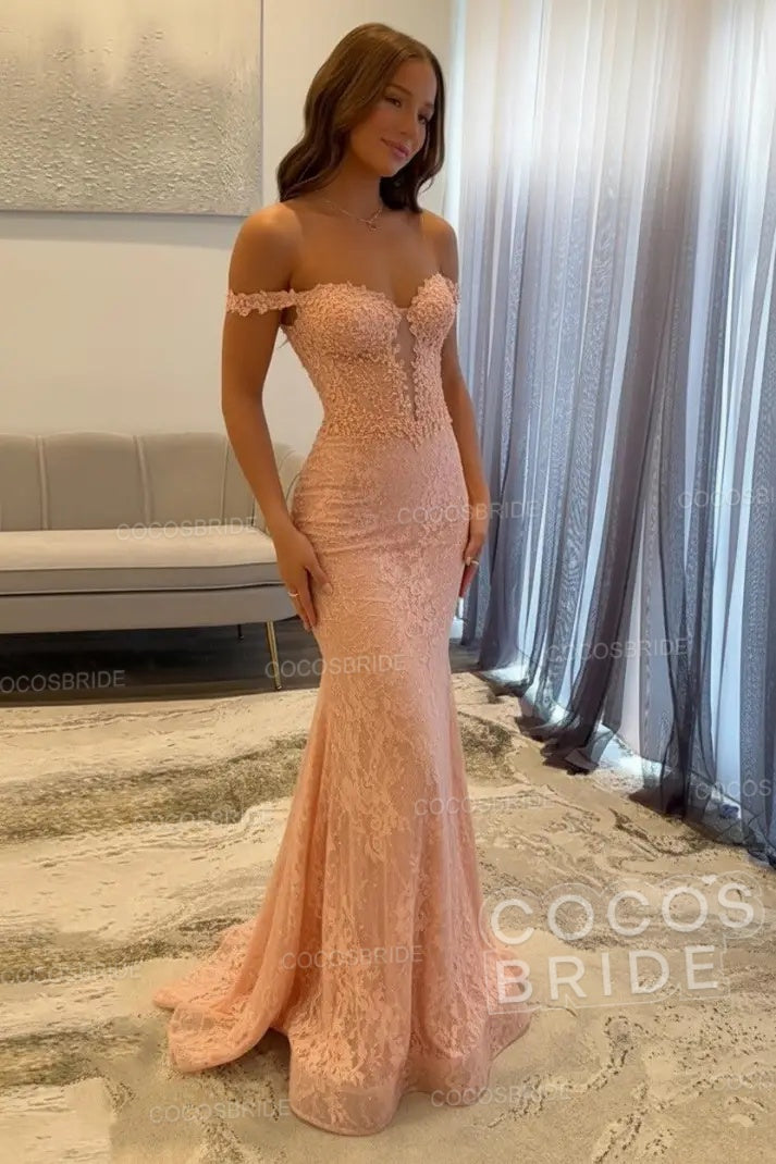 Dark Navy Long Mermaid Off the Shoulder Lace Prom Dress