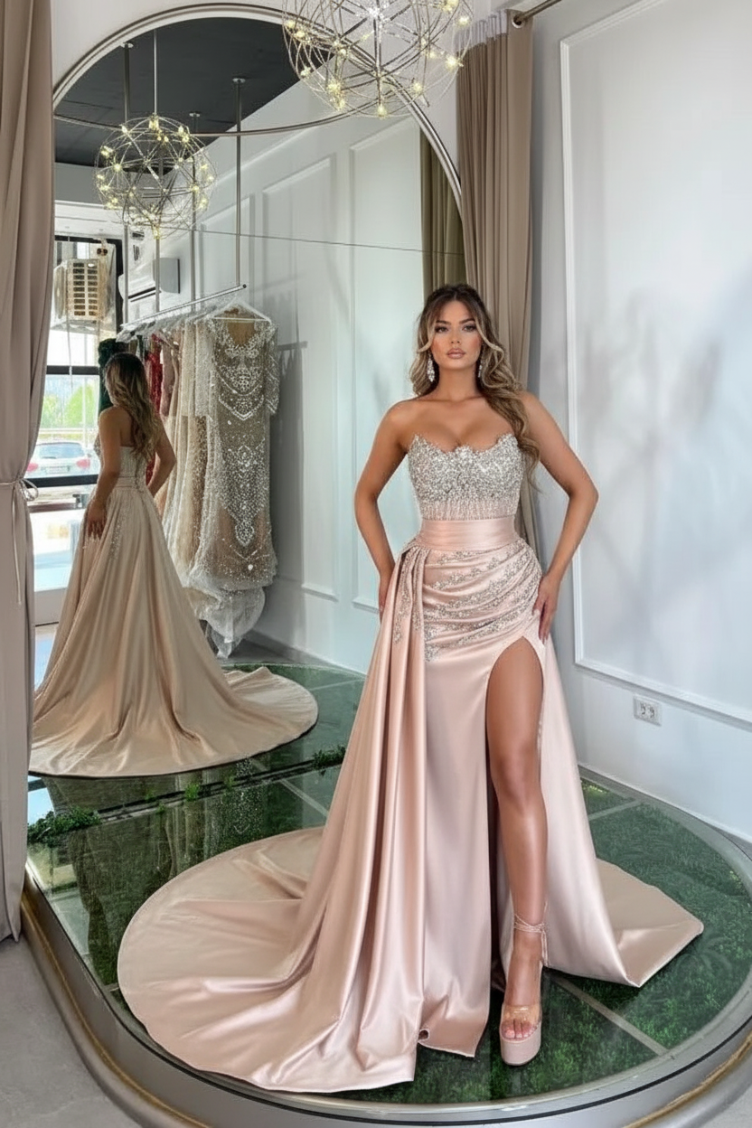Luxury Mermaid Sweetheart Satin Long Beading Prom Dress with Split