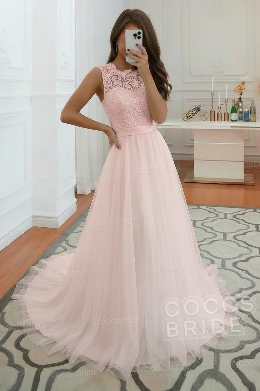Elegant Long A-line Jewel Tulle Wedding Dress with Appliques Lace