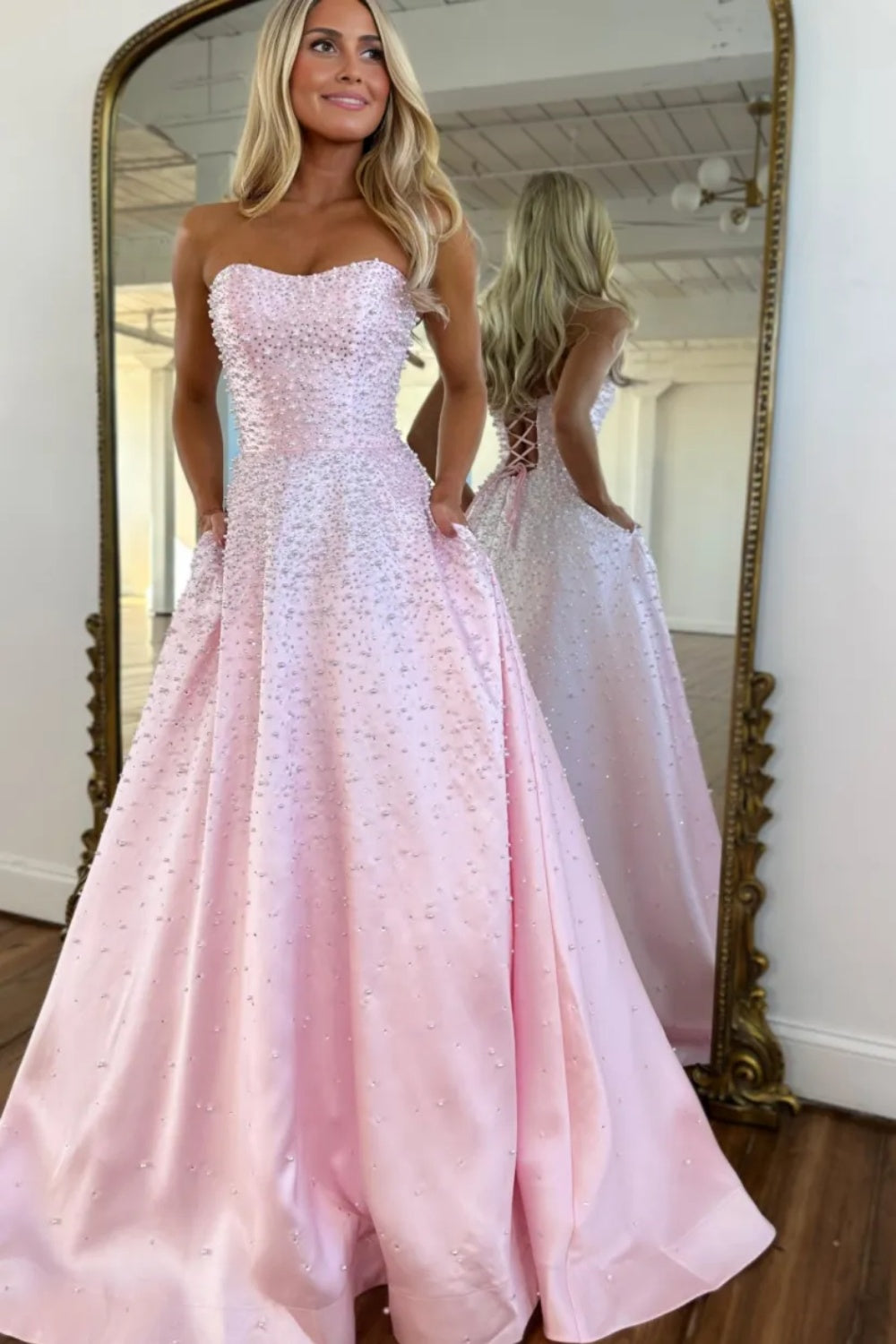 Pink Strapless Sleeveless A-line Long Pearled Prom Dress