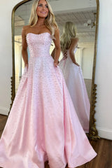 Pink Strapless Sleeveless A-line Long Pearled Prom Dress
