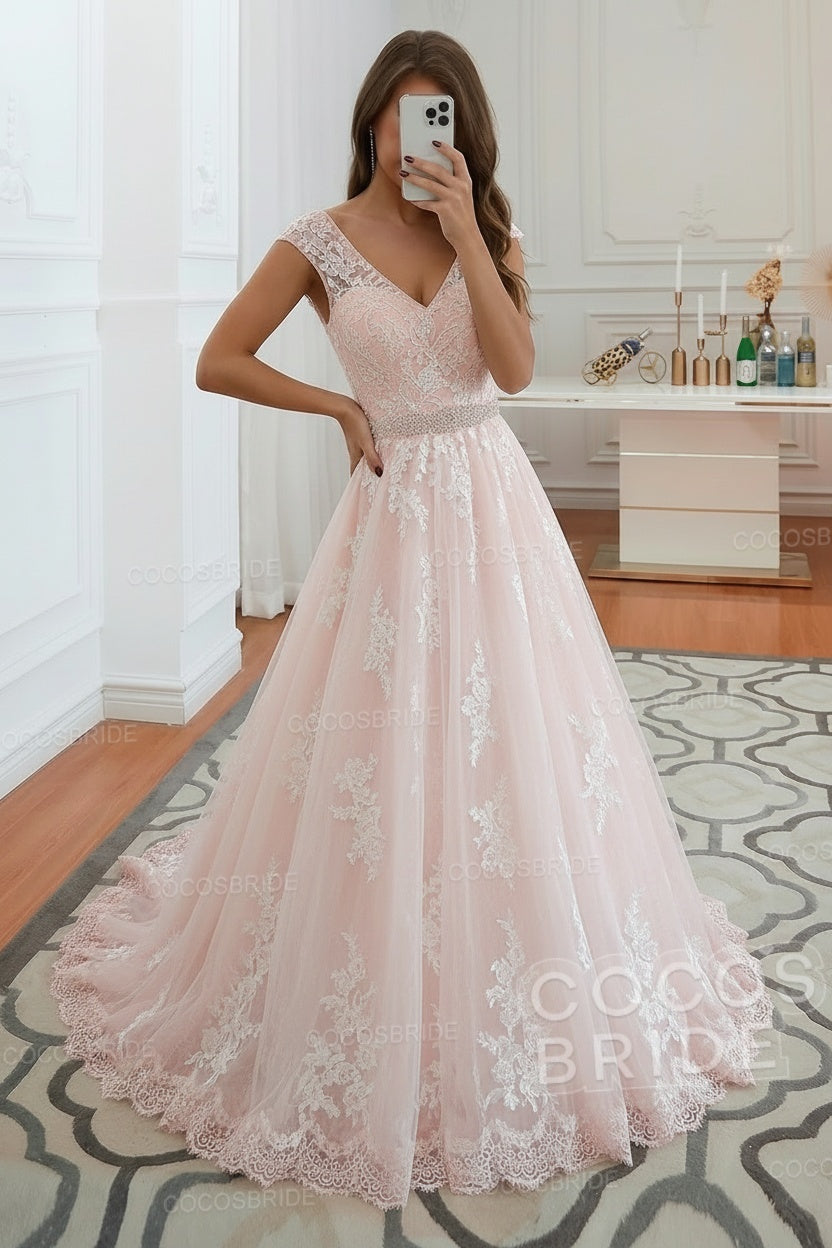 Elegant Long V-neck Lace A-line Wedding Dress