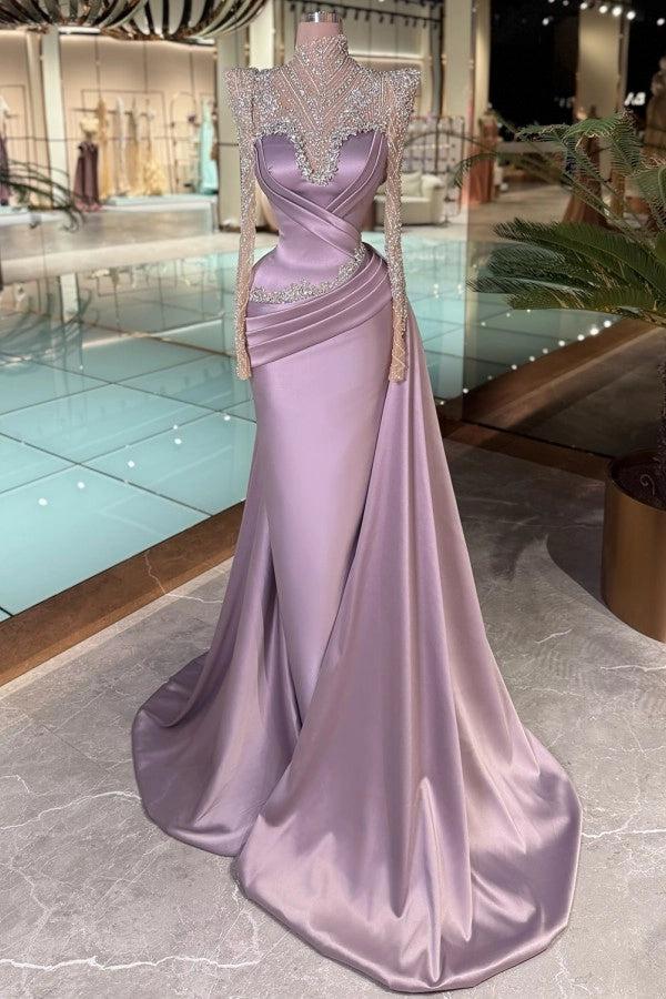 Purple Long Sleeves Long Mermaid Formal Dress with Rhinestones