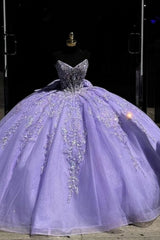 Purple Strapless Ball Gown Quinceanera Dress with Lace Applique