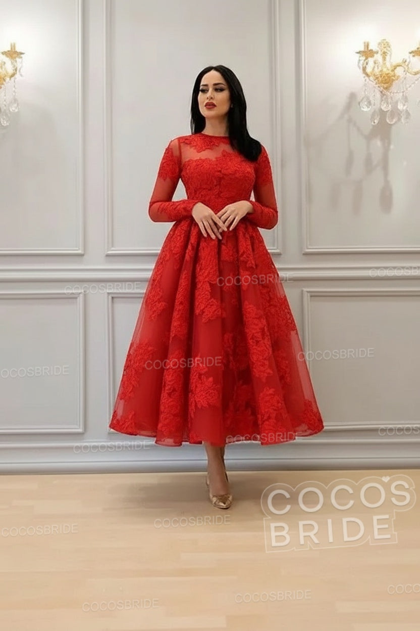 Elegant A-line High Neck Lace Formal Evening Dress with Sleeves
