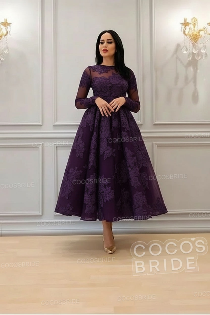 Elegant A-line High Neck Lace Formal Evening Dress with Sleeves