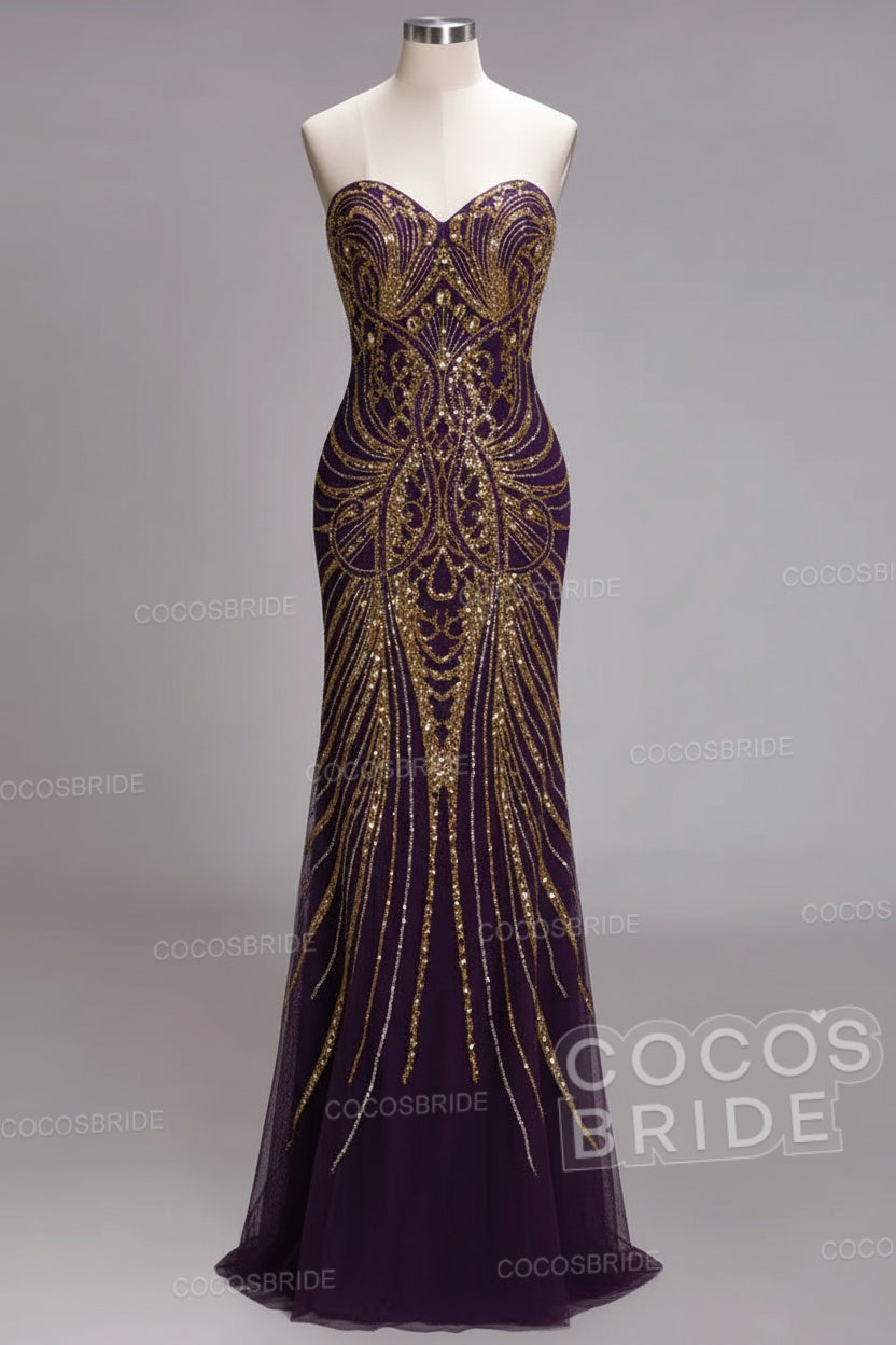 Mermaid Strapless Sweetheart Long Sequined Formal Evening Dresses with Beads