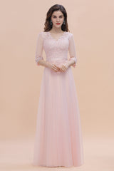 Romantic Long Sleeves V-neck Wedding Guest Dress Lace Appliques A-Line Bridesmaid Dress