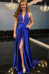 Royal Blue A-Line Beading Split Front Sleeveless V-Neck Long Prom Dress