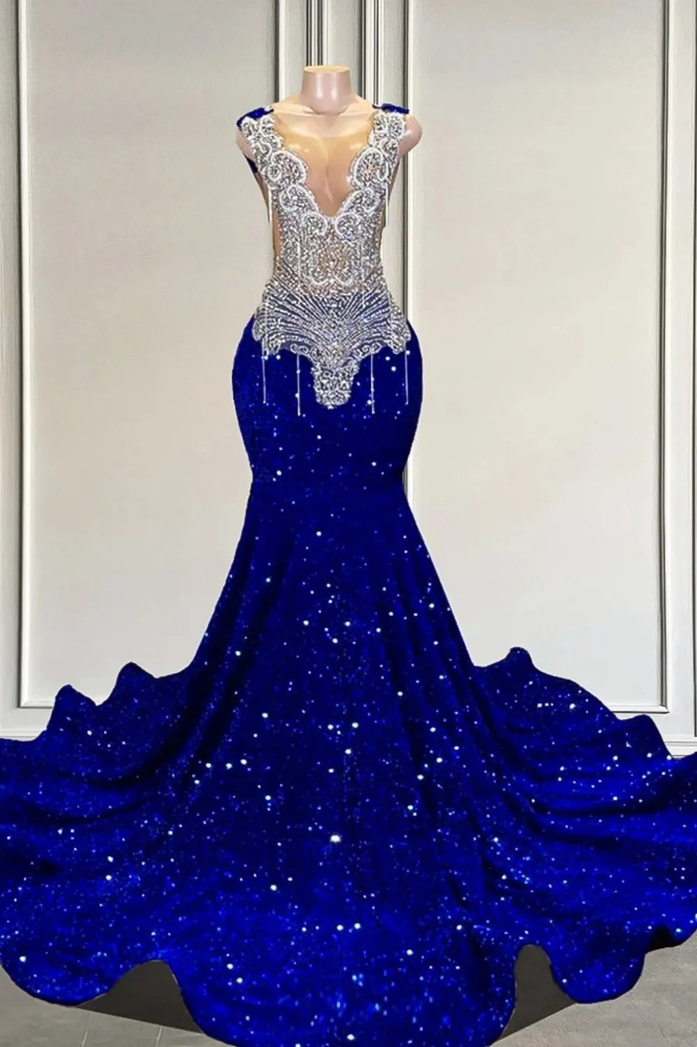 Royal Blue Long Mermaid V-neck Sequined Formal Prom Dresses
