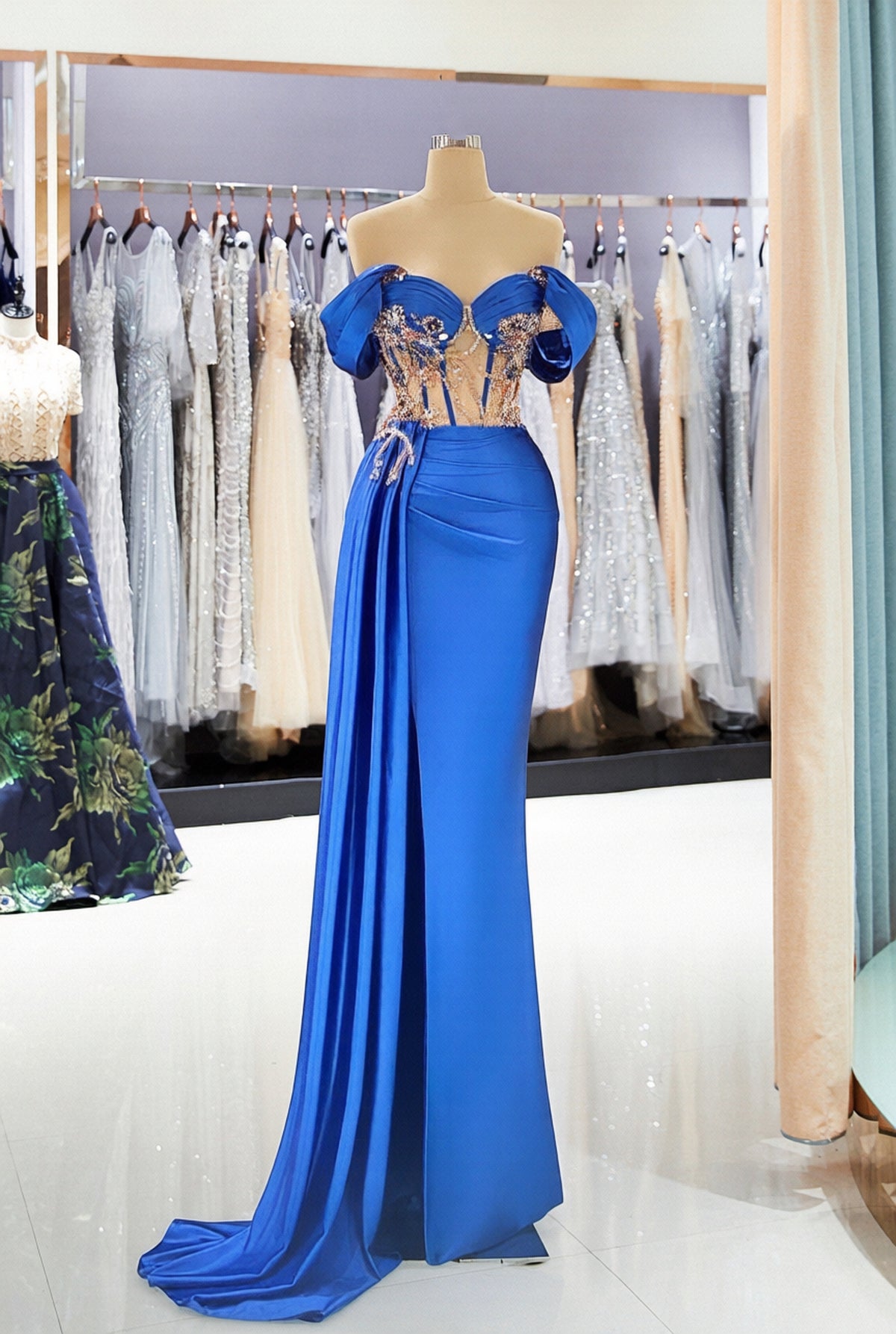 Royal Blue Mermaid Off the Shoulder Satin Beading Long Prom Dress