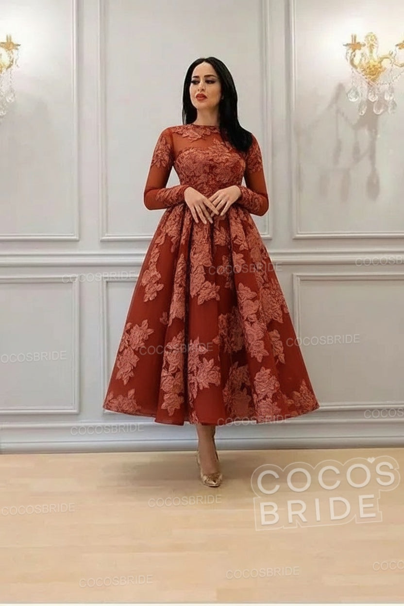 Elegant A-line High Neck Lace Formal Evening Dress with Sleeves