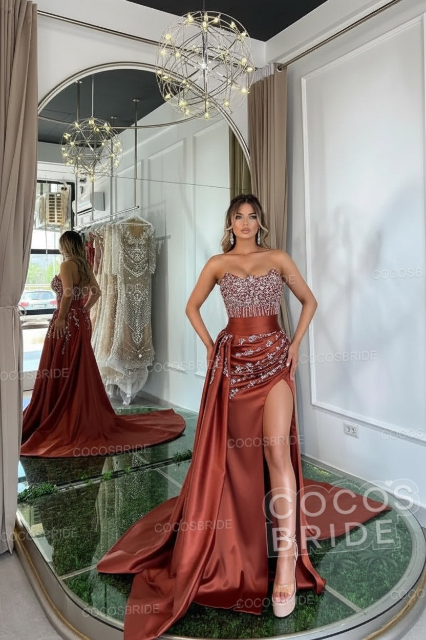 Luxury Mermaid Sweetheart Satin Long Beading Prom Dress with Split
