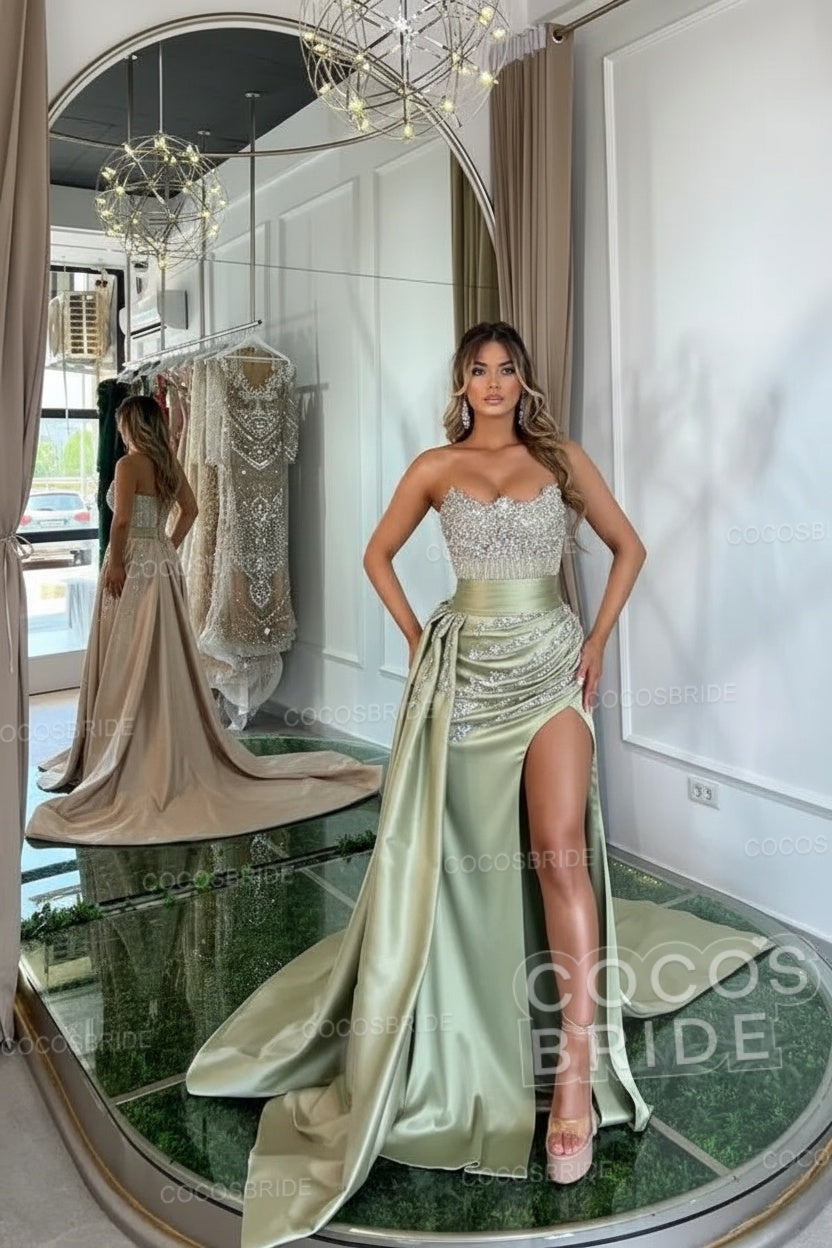 Luxury Mermaid Sweetheart Satin Long Beading Prom Dress with Split