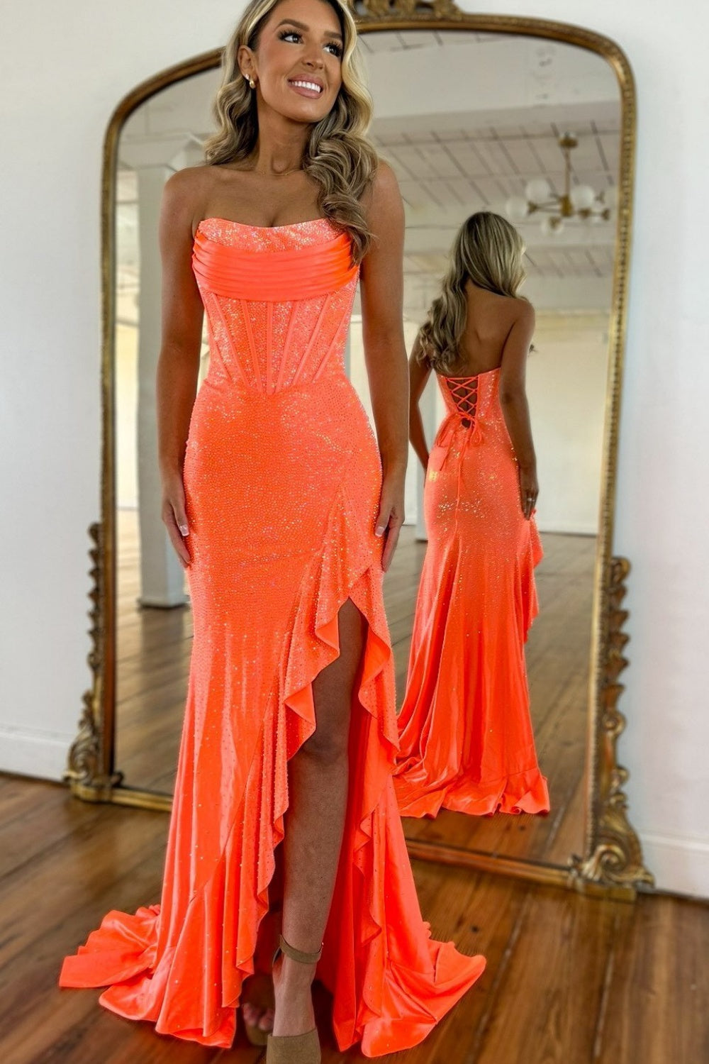 Strapless Sleeveless Sequined Mermaid Prom Dress with Split
