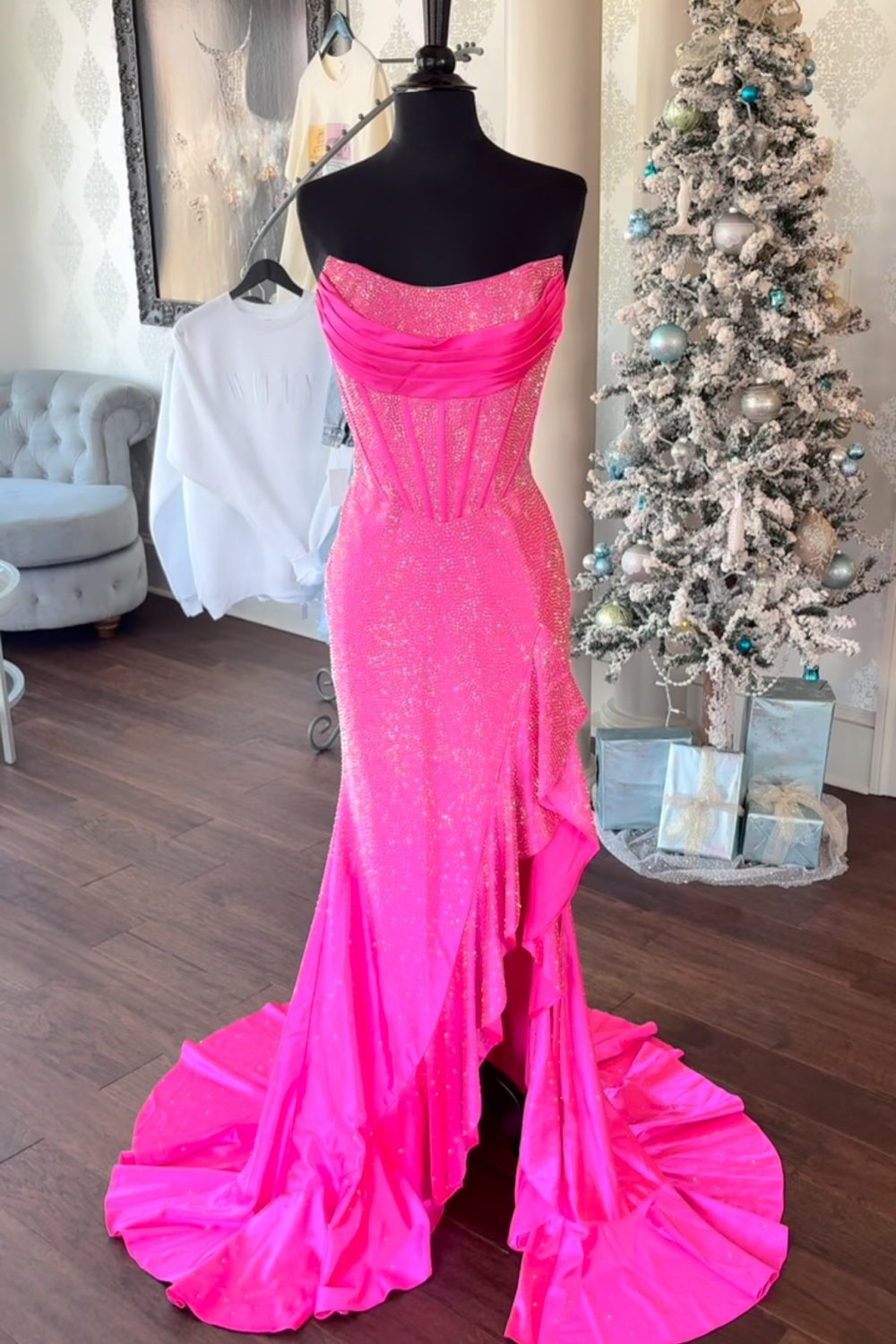 Strapless Sleeveless Sequined Mermaid Prom Dress with Split