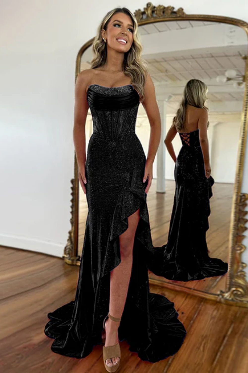 Strapless Sleeveless Sequined Mermaid Prom Dress with Split