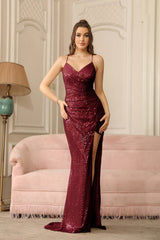 Sexy Glitter Long Mermaid V-Neck Sequin Backless Prom Dresses with Slit
