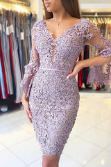 Short Mermaid V-neck Appliques Lace Formal Evening Dresses with Long Sleeves