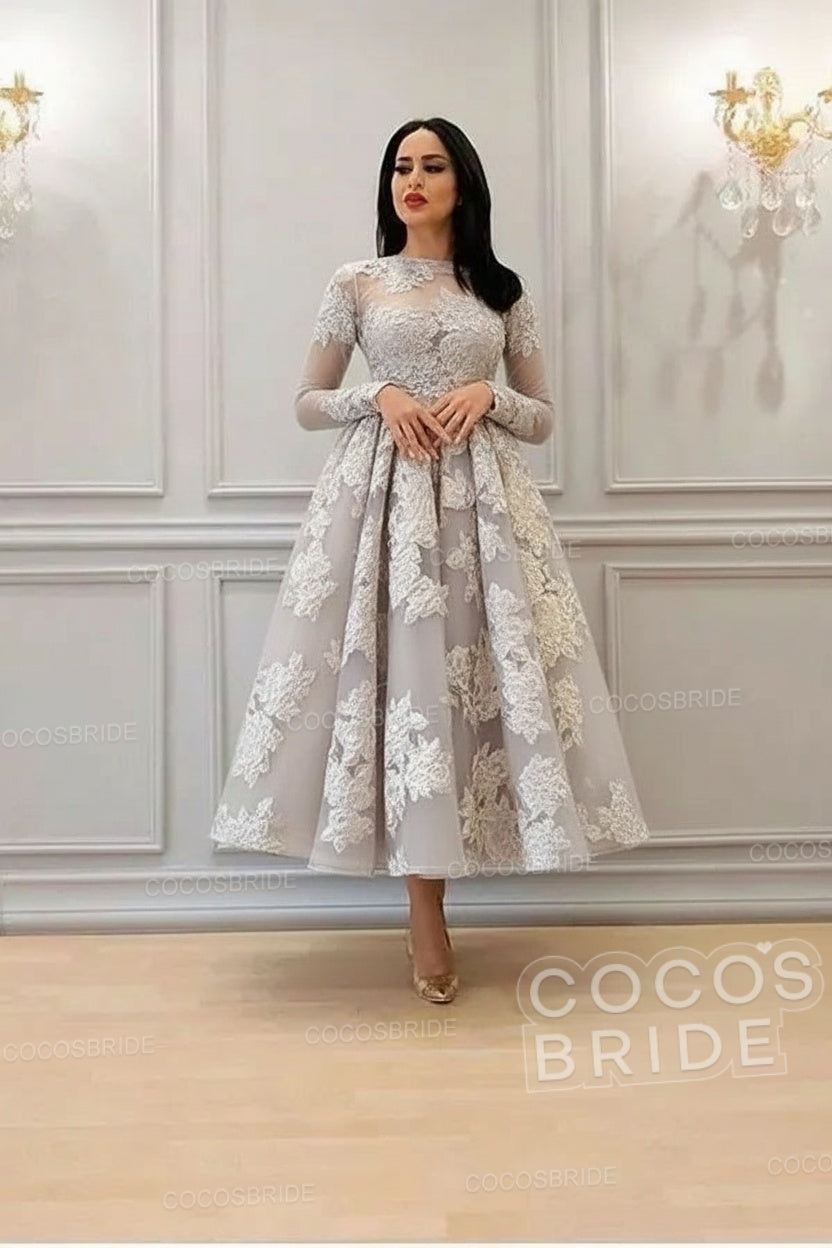 Elegant A-line High Neck Lace Formal Evening Dress with Sleeves