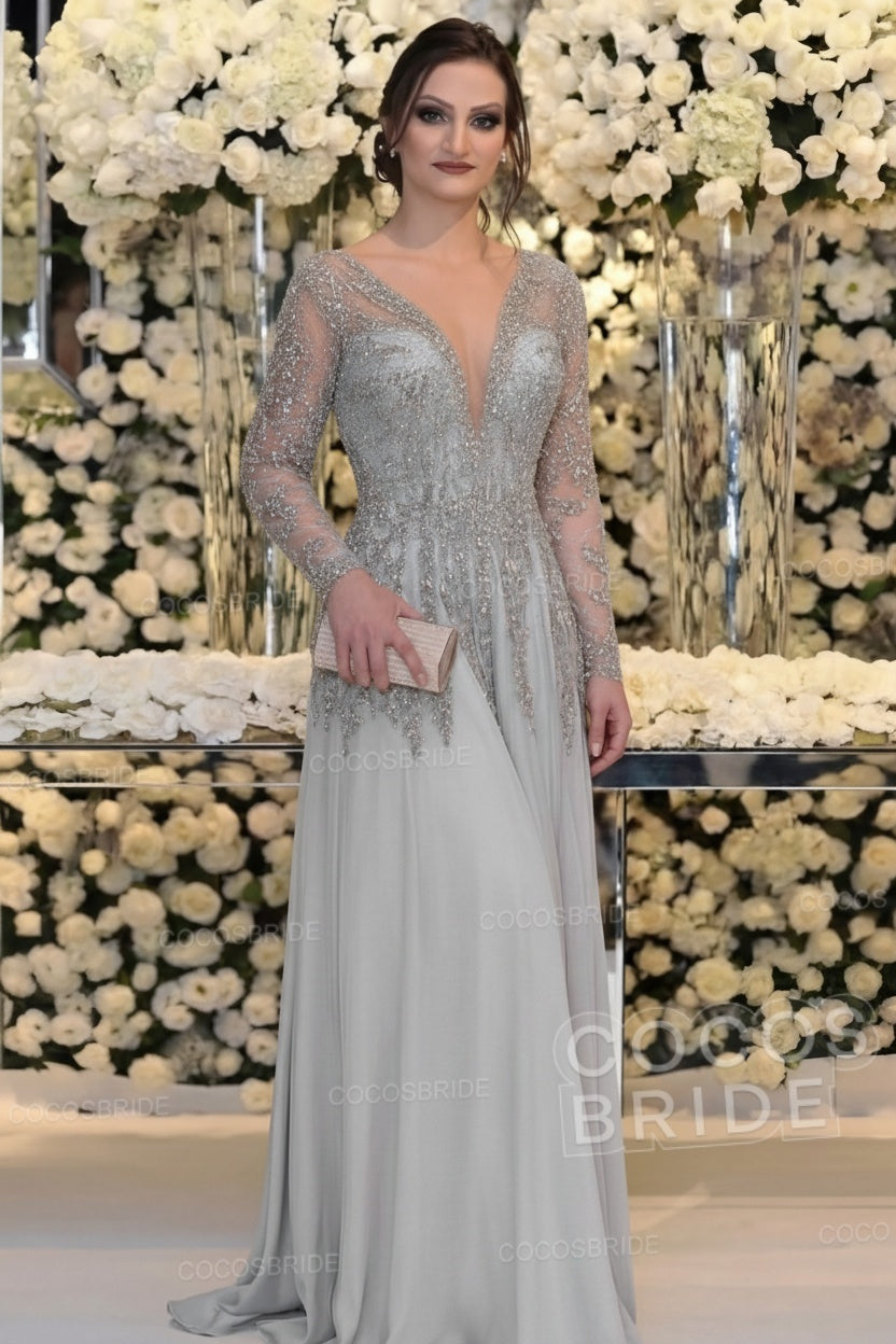 Long Sleeve Floor Length A-line Mother Of Bride Dress With Beading