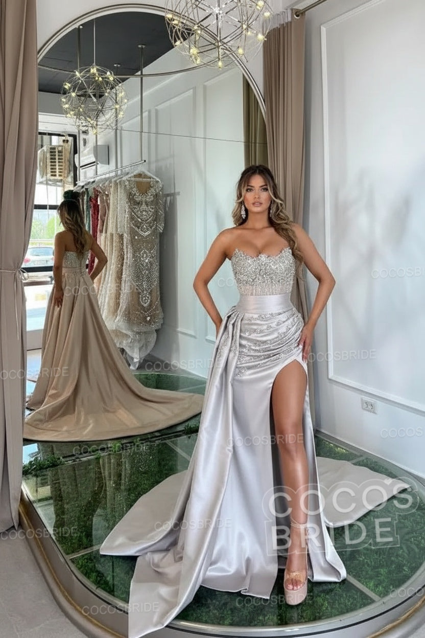 Luxury Mermaid Sweetheart Satin Long Beading Prom Dress with Split