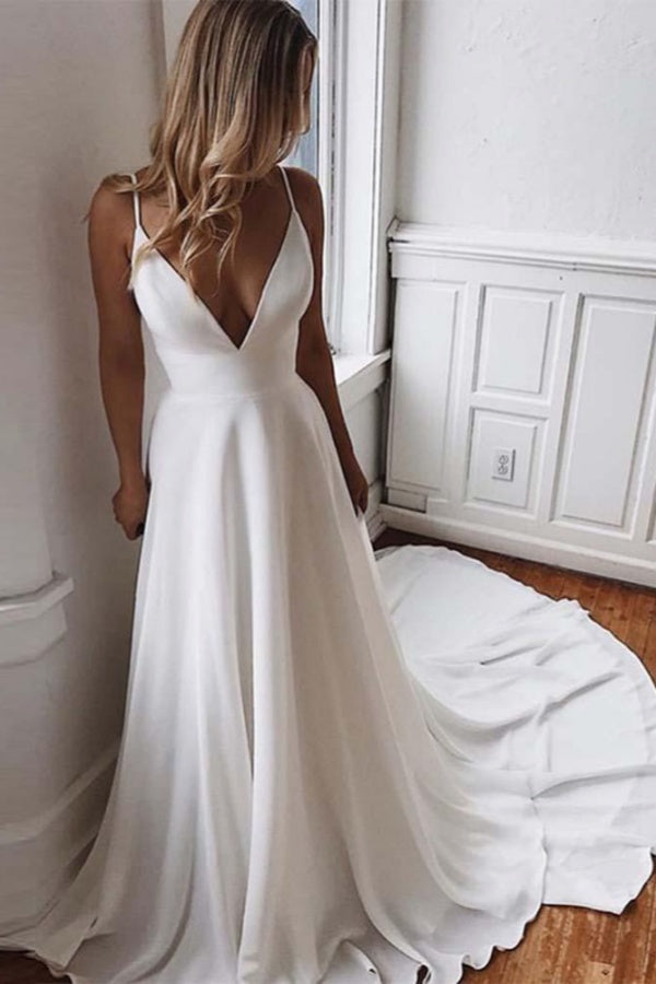 Simple Spaghetti Strap V-Neck Sweep Train Ruffles Long Wedding Dresses