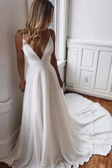 Simple Spaghetti Strap V-Neck Sweep Train Ruffles Long Wedding Dresses