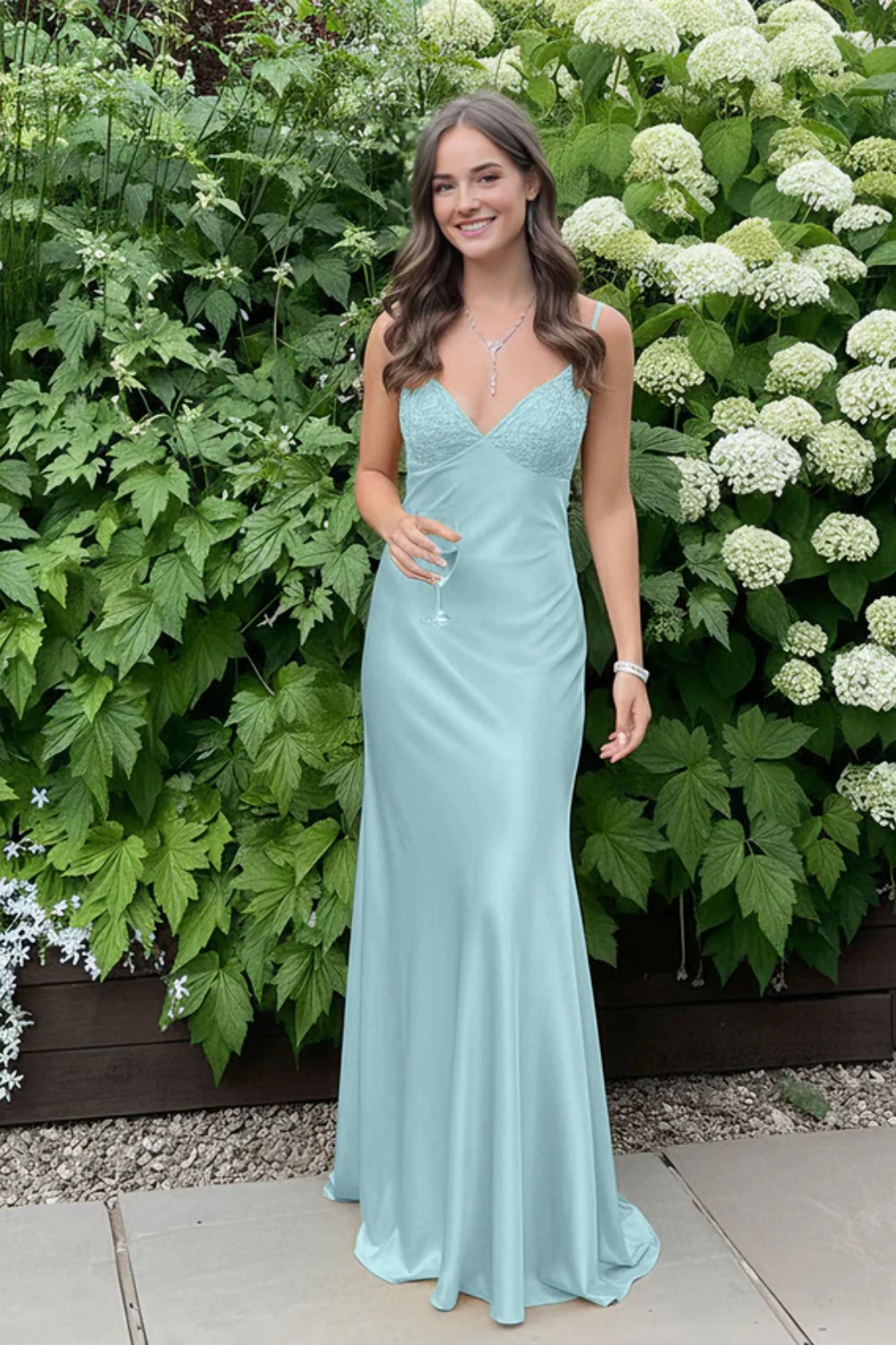 Simple Spaghetti Straps V-neck Sheath Satin Prom Dress