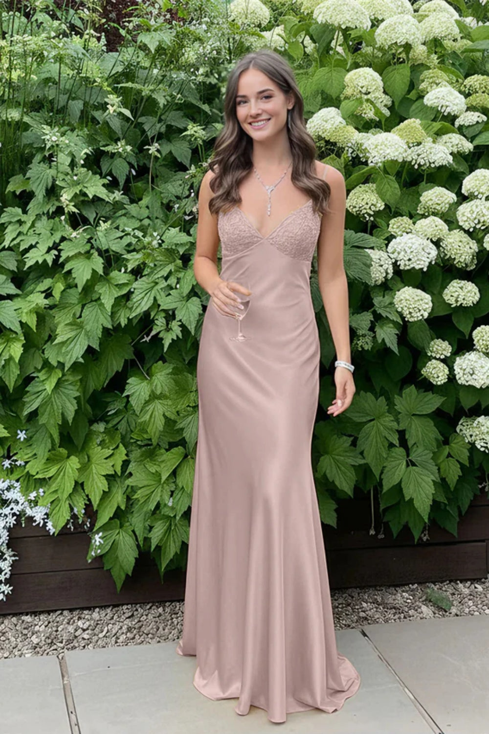 Simple Spaghetti Straps V-neck Sheath Satin Prom Dress